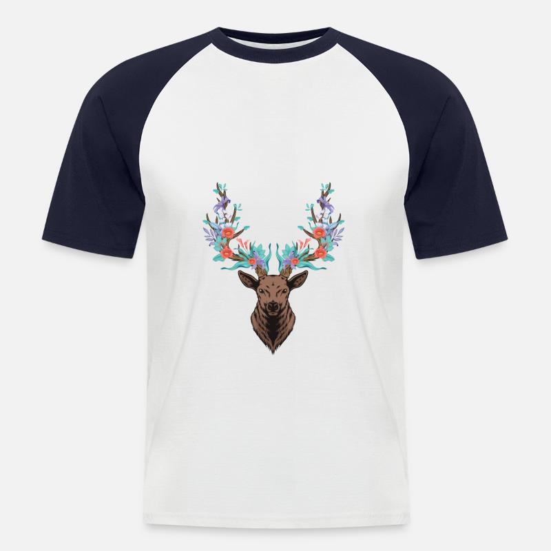 Hirsch. Geweih. Blumen. - Männer Baseball-T-Shirt - Weiß/Navy