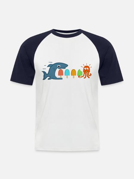 Shark and jellyfish eat popsicles - Men's Baseball T-Shirt - white/navy