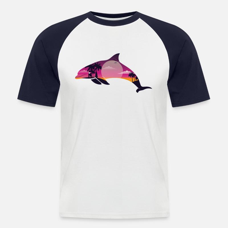 Dolphin Palm Tree Sunset - Männer Baseball-T-Shirt - Weiß/Navy