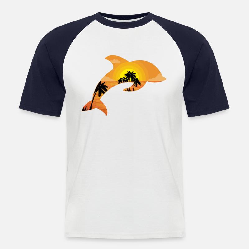 Dolphin Palm Tree Sunset - Männer Baseball-T-Shirt - Weiß/Navy