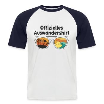 Offizielles Auswandershirt Auswandern T-Shirt - Männer Baseball-T-Shirt - Weiß/Navy - Vorne - Nik (191cm)
