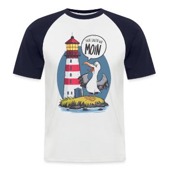 We say Moin here - Men's Baseball T-Shirt - white/navy - Front - Nik (191cm)