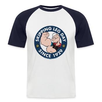 Popeye Skipping Leg Day Since 1929 - Männer Baseball-T-Shirt - Weiß/Navy - Vorne - Nik (191cm)