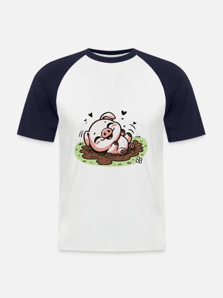 Niedliches Schweinchen im Schlamm - Männer Baseball-T-Shirt - Weiß/Navy