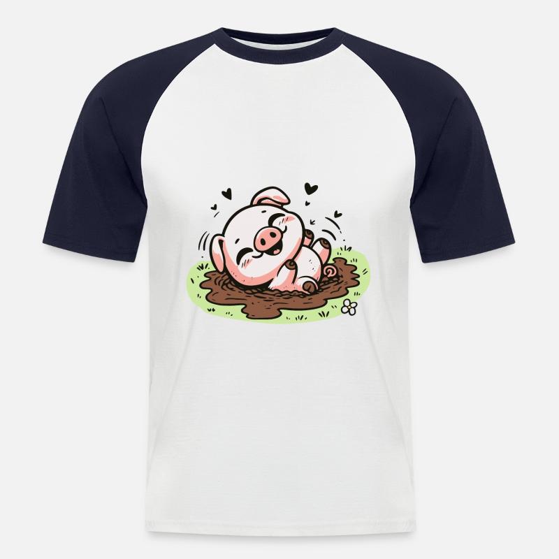 Niedliches Schweinchen im Schlamm - Männer Baseball-T-Shirt - Weiß/Navy