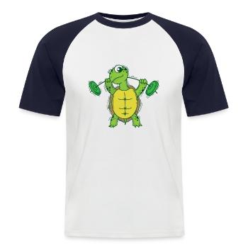 La tortue aime le fitness et le levage de poids - T-shirt baseball manches courtes Homme - blanc/marine - Devant - Nik (191cm)