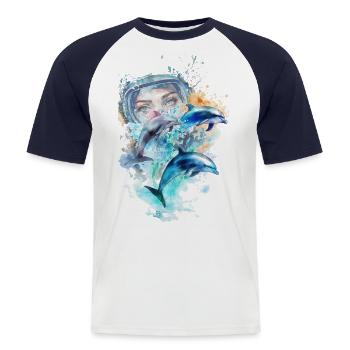 Watercolor: 3 dolphins with scuba diver - Men's Baseball T-Shirt - white/navy - Front - Nik (191cm)