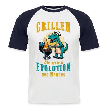 Grillen - Die wahre Evolution des Mannes | Shirt - Männer Baseball-T-Shirt - Weiß/Navy - Vorne - Nik (191cm)