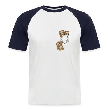 Süße Kawaii Baby Faultiere spielen in der Tasche - Männer Baseball-T-Shirt - Weiß/Navy - Vorne - Nik (191cm)