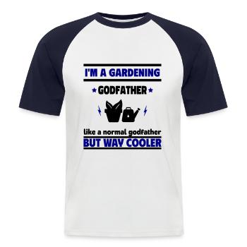 Parrain et jardinier – plus frais que d’habitude - T-shirt baseball manches courtes Homme - blanc/marine - Devant - Nik (191cm)