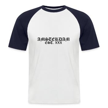 Amsterdam est. xxx - Männer Baseball-T-Shirt - Weiß/Navy - Vorne - Nik (191cm)