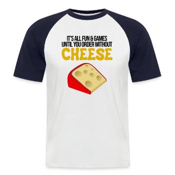 Design de charcuterie pour les fromagers - T-shirt baseball manches courtes Homme - blanc/marine - Devant - Nik (191cm)