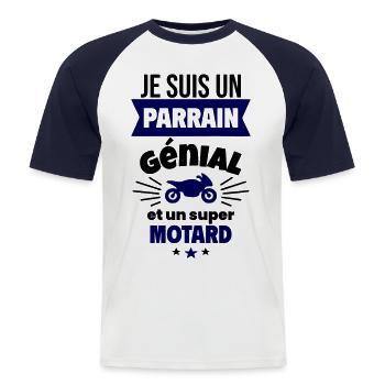 Parrain génial et super motard Moto Motard Humour - T-shirt baseball manches courtes Homme - blanc/marine - Devant - Nik (191cm)