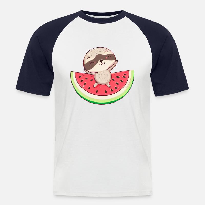 Faultier mit Wassermelone - Entspanntes Design - Männer Baseball-T-Shirt - Weiß/Navy