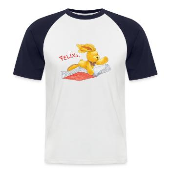 Felix der Hase Auf Einem Fliegenden Buch - Männer Baseball-T-Shirt - Weiß/Navy - Vorne - Nik (191cm)