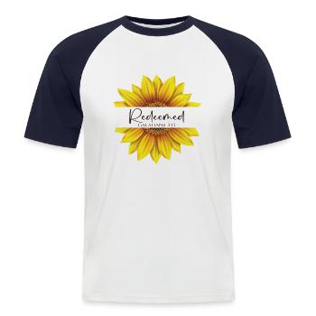 Christian Sunflower design Je suis racheté - T-shirt baseball manches courtes Homme - blanc/marine - Devant - Nik (191cm)