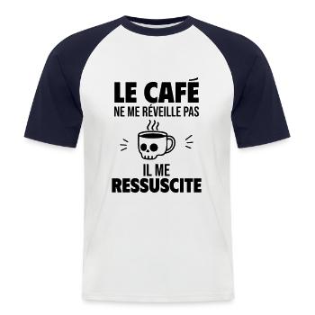 Le café me ressuscite - T-shirt baseball manches courtes Homme - blanc/marine - Devant - Nik (191cm)