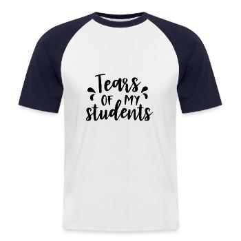 larmes de mes étudiants - T-shirt baseball manches courtes Homme - blanc/marine - Devant - Nik (191cm)