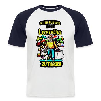 Je ne fais que porter les friandises ici - T-shirt baseball manches courtes Homme - blanc/marine - Devant - Nik (191cm)