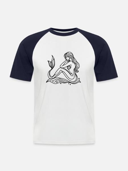Lineart Tegning Havfrue - Kortærmet herre-baseballshirt - hvid/marineblå