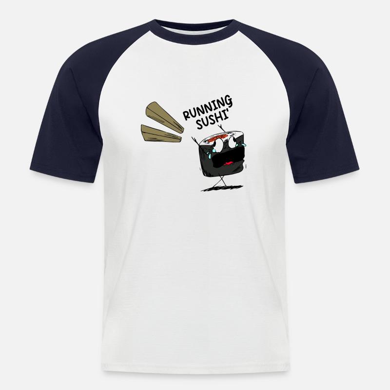 Lustiger Spruch Running Sushi - Männer Baseball-T-Shirt - Weiß/Navy