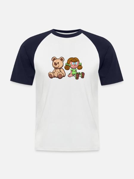 Cartoon Teddy Bear And Doll - Men's Baseball T-Shirt - white/navy