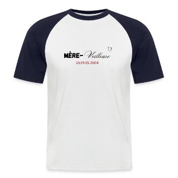 Mère veilleuse depuis 2004 - T-shirt baseball manches courtes Homme - blanc/marine - Devant - Nik (191cm)