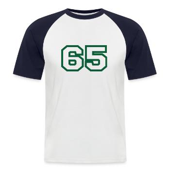 Nummer 65 Sport - Männer Baseball-T-Shirt - Weiß/Navy - Vorne - Nik (191cm)