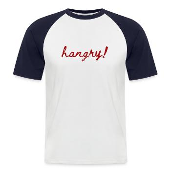 hangry - Männer Baseball-T-Shirt - Weiß/Navy - Vorne - Nik (191cm)