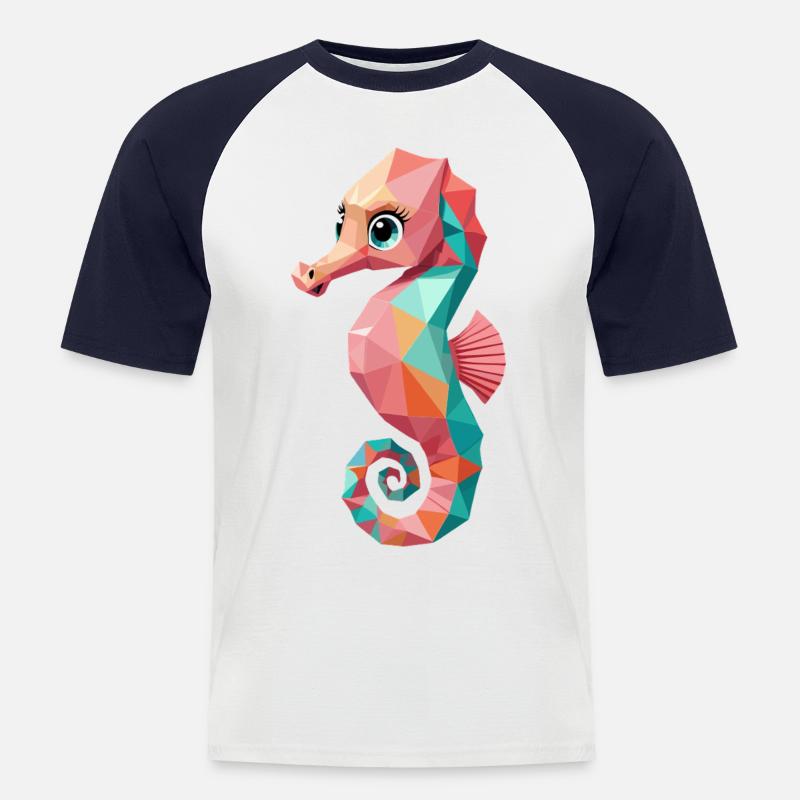 Hippocampe coloré style polygone créatures marines - T-shirt baseball manches courtes Homme - blanc/marine