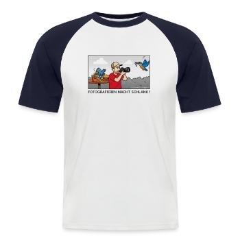 Fotografieren macht schlank Mann mit Kamera - Männer Baseball-T-Shirt - Weiß/Navy - Vorne - Nik (191cm)
