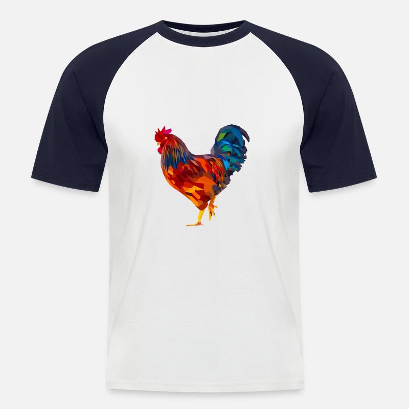Hahn polygon, bunt - Männer Baseball-T-Shirt - Weiß/Navy