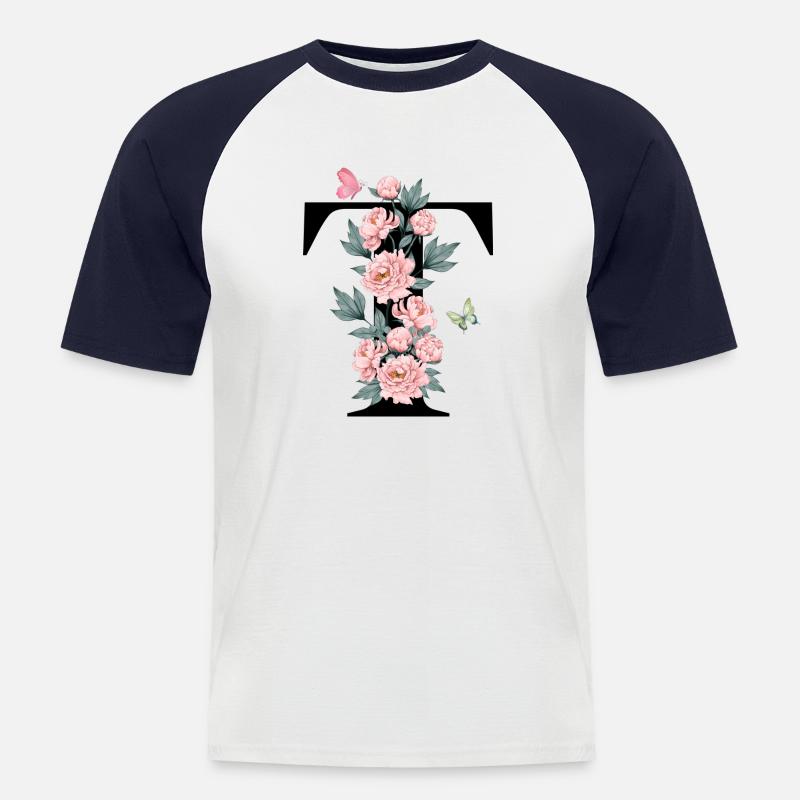 Buchstabe t Rosa Blumen - Männer Baseball-T-Shirt - Weiß/Navy
