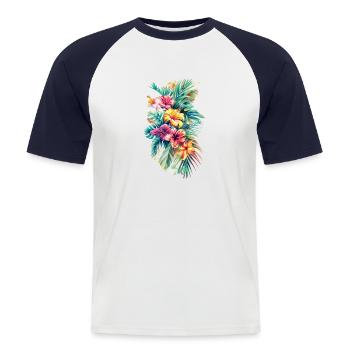 Design floral d’Hawaï - T-shirt baseball manches courtes Homme - blanc/marine - Devant - Nik (191cm)