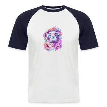 Petit bébé paresseux - T-shirt baseball manches courtes Homme - blanc/marine - Devant - Nik (191cm)
