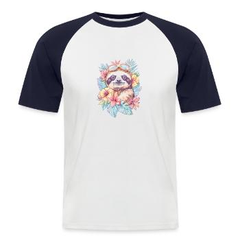 Bébé paresseux s’amuse - T-shirt baseball manches courtes Homme - blanc/marine - Devant - Nik (191cm)