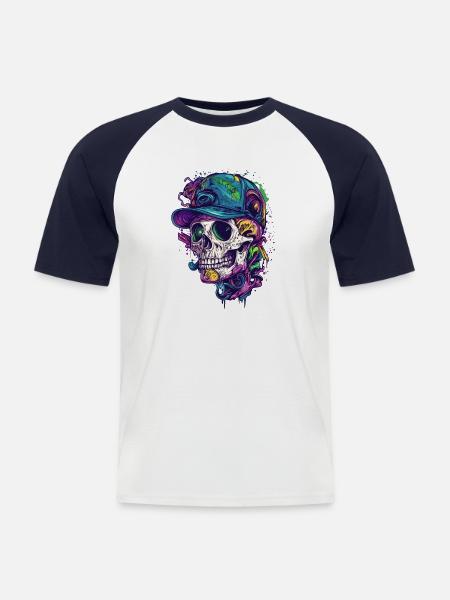 Skull with baseball cap - Men's Baseball T-Shirt - white/navy