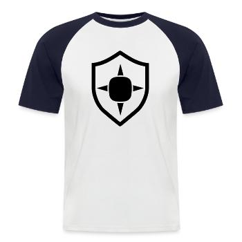 Schild - Männer Baseball-T-Shirt - Weiß/Navy - Vorne - Nik (191cm)
