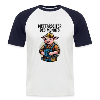 METTARBEITER DES MONATS SCHWEIN MITARBEITER ARBEIT - Männer Baseball-T-Shirt - Weiß/Navy - Vorne - Nik (191cm)