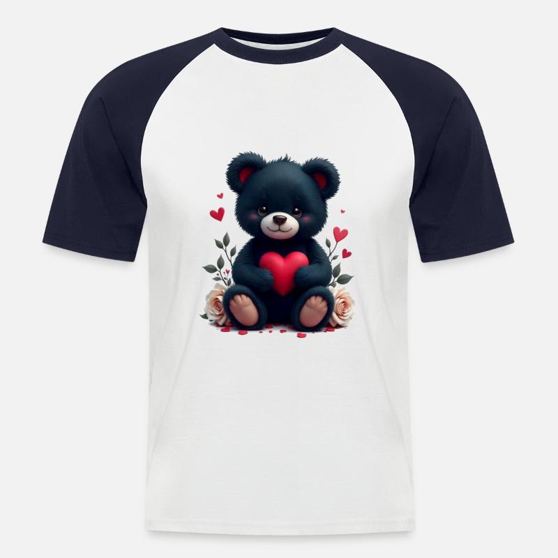 Schwarzer Teddy mit Herz - Männer Baseball-T-Shirt - Weiß/Navy