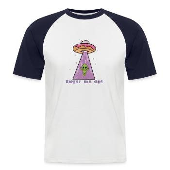 Space Donut - Sugar me up - Mannen baseballshirt korte mouw - wit/navy - Voor - Nik (191cm)