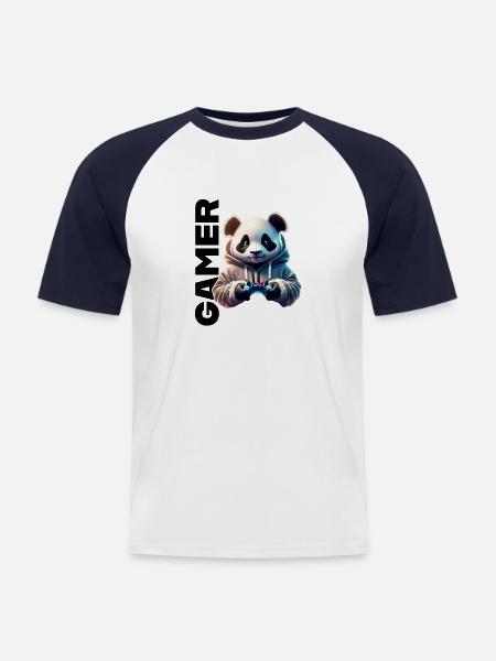 Gamer lettering with cool panda - Men's Baseball T-Shirt - white/navy