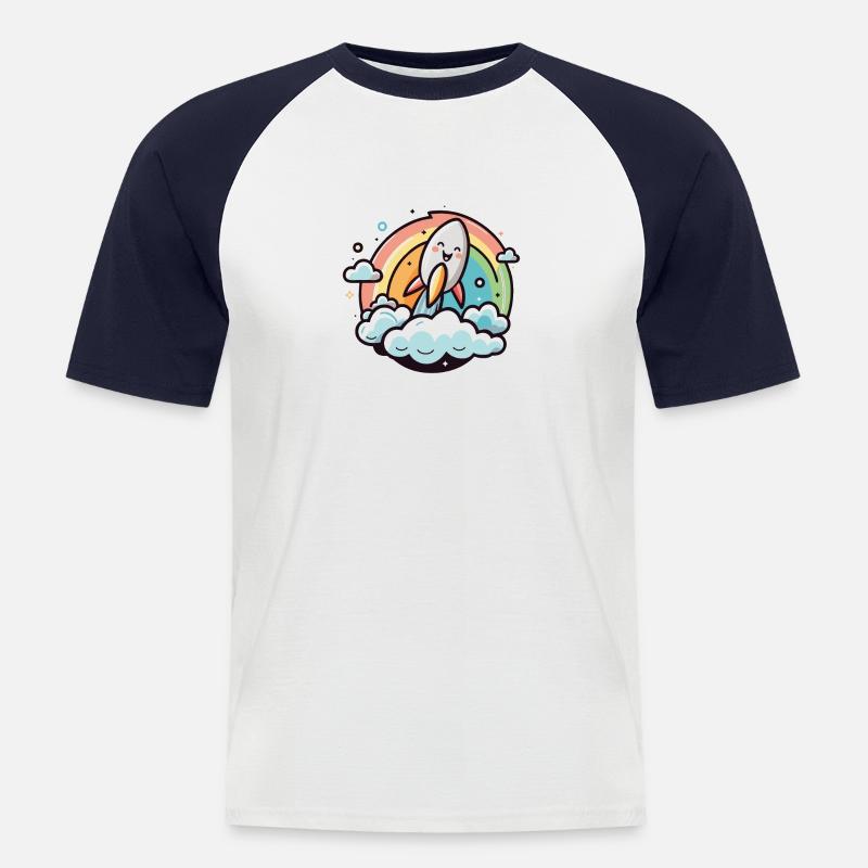 Fröhliche Rakete mit Regenbogen - Männer Baseball-T-Shirt - Weiß/Navy