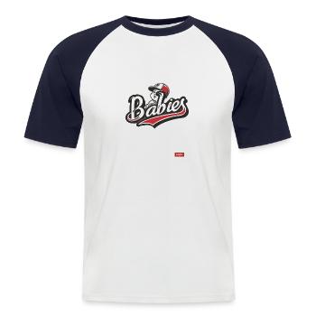 Parodie d’une équipe de baseball - T-shirt baseball manches courtes Homme - blanc/marine - Devant - Nik (191cm)