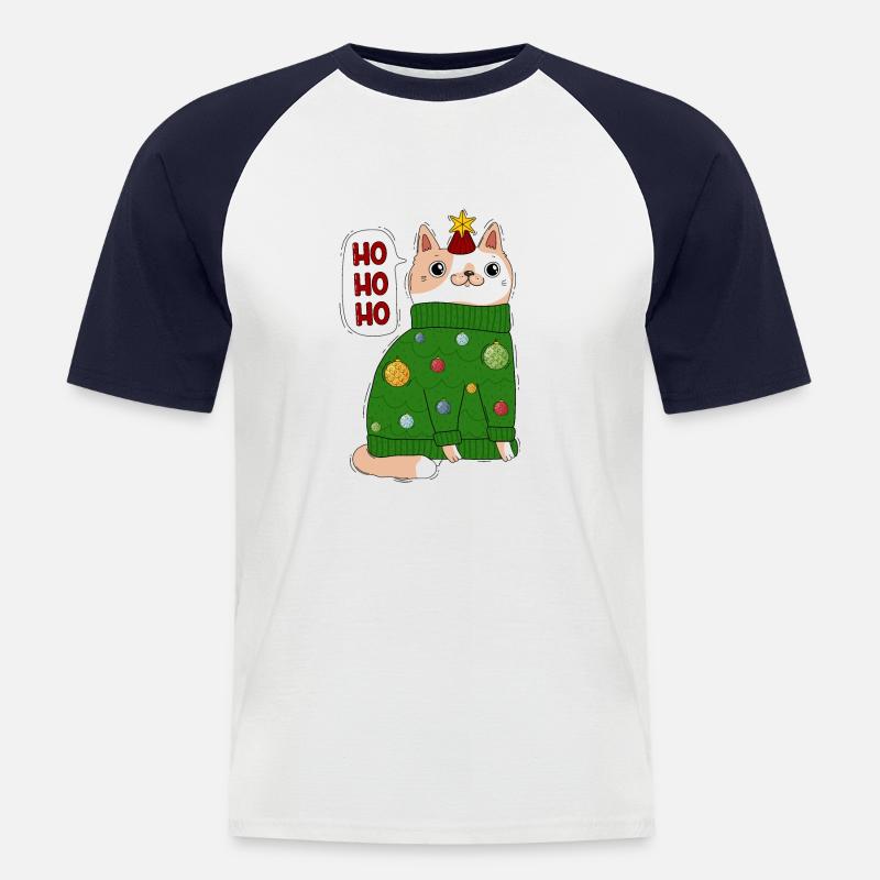 Katze im Weihnachtspullover - Männer Baseball-T-Shirt - Weiß/Navy