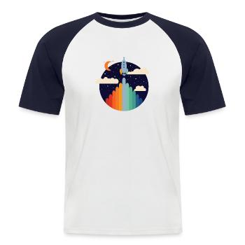 Fusée (Rayures Colorées, Cercle) - T-shirt baseball manches courtes Homme - blanc/marine - Devant - Nik (191cm)