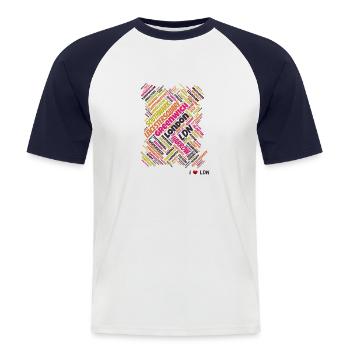 Nuage de mots de Londres - T-shirt baseball manches courtes Homme - blanc/marine - Devant - Nik (191cm)