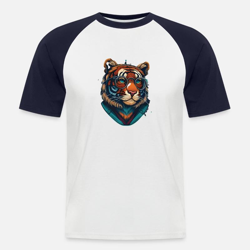 Tiger als Nerd mit Buch - Männer Baseball-T-Shirt - Weiß/Navy