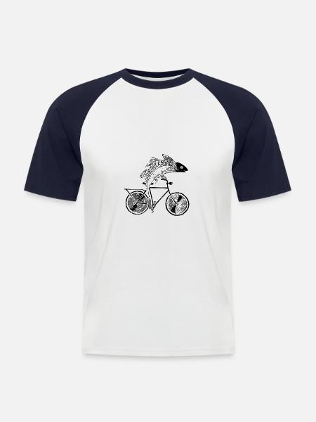 Fisk med sykkel / motiv i sort, hvitt og blått - Kortermet baseball skjorte for menn - hvit/marine