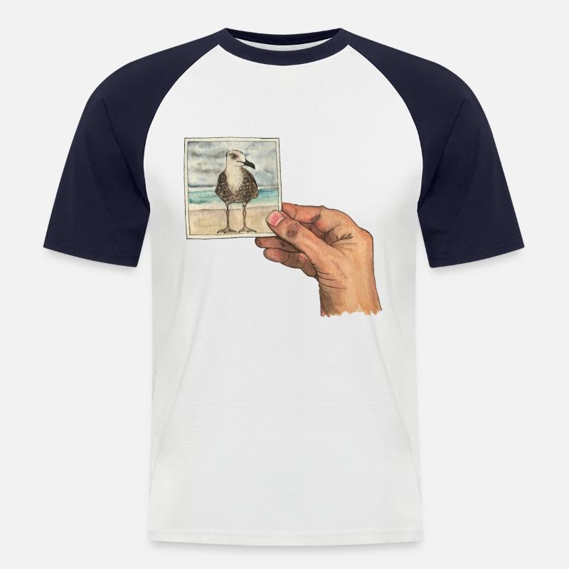 Main avec photo d'une mouette - T-shirt baseball manches courtes Homme - blanc/marine